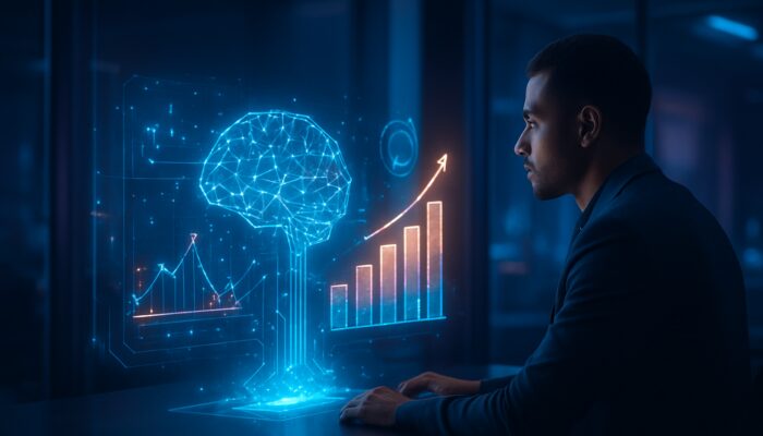 Futuristic AI neural network transforming marketing data into holographic success charts in neon office