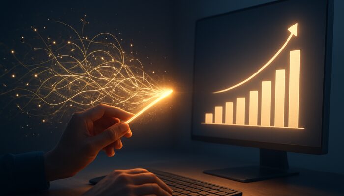 Marketer using glowing tools for data cleaning to transform errors into precise marketing charts