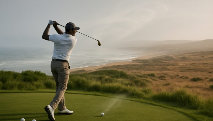 South African golfer picks low-compression balls on misty Durban coast with Karoo plains contrast and soaring ball in wind