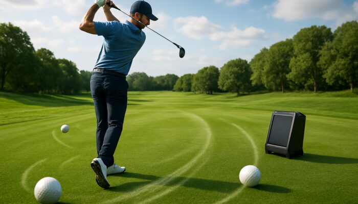 Focused golfer mid-swing on lush course with launch monitor showing swing speed and rolling golf balls