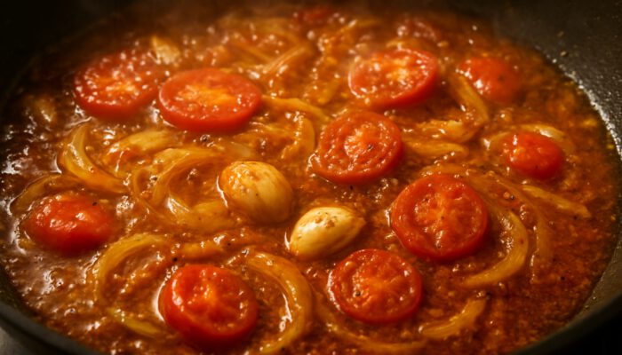 Close-up of onions, garlic, and tomatoes sizzling in spiced oil for cassava leaf stew base