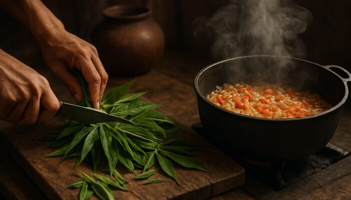 Hands chopping fresh cassava leaves beside a simmering pot of onions, garlic, and tomatoes.