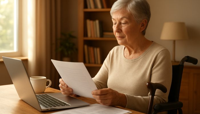 Serene person with health aids reviews pension charts in sunlit study for financial security