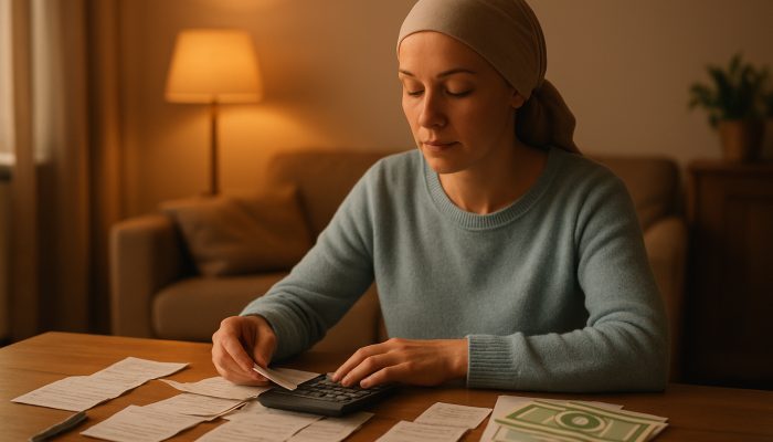 NHS patient budgeting sick pay with receipts and wellness vouchers in cozy home under warm light