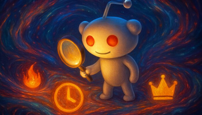 Reddit Snoo mascot searches swirling colourful posts with glowing magnifying glass, sorted by hot, new, and top icons.