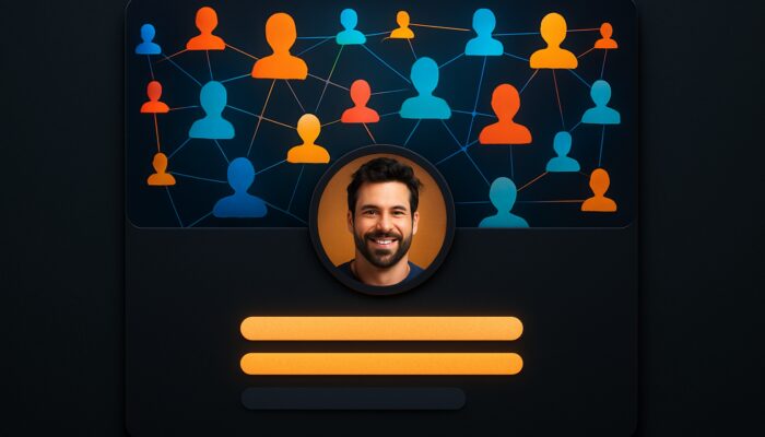 Reddit profile in dark mode with vibrant interconnected banner, charismatic avatar, and glowing keyword-rich bio.