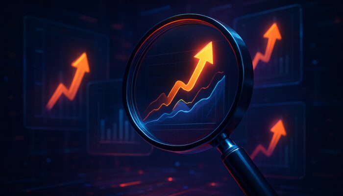 Surreal cyberpunk magnifying glass over floating digital posts with glowing upvote trends and audience graphs.
