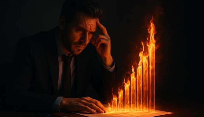 UK borrower at desk as glowing health papers make insurance premiums soar like flames.