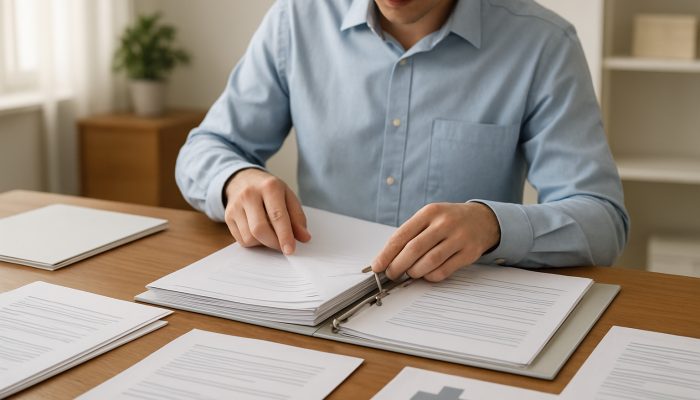 Person arranging medical records chronologically into summary binder on wooden desk