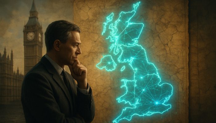 British strategist in Westminster blending historical scrolls with glowing futuristic UK maps for strategic decisions.