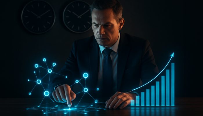 UK manager at sleek desk extracting holographic lessons from past projects to plan under ticking clocks