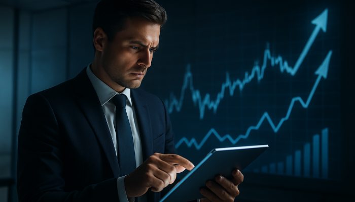 Reviewing Your Plan As Prices Change: Essential Steps | DCL Entrepreneur reviews financial plan on glowing tablet amid rising price charts in sleek office