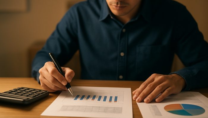 Checklist Before You Merge Any Debts: Key Points To Review | DCL Person reviewing income statements for debt consolidation affordability assessment with calculator and charts