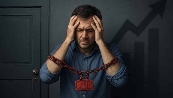 Stressed borrower chained by missed payments before locked mortgage and loan doors with rising insurance costs