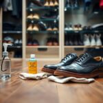 A pair of black leather dress shoes rests on white cloths on a wooden floor. Nearby are a bottle of cleaning solution and a cloth, hinting at the necessary care routine. The background shows shelves with various shoes in a closet, emphasising when not to condition new leather footwear.