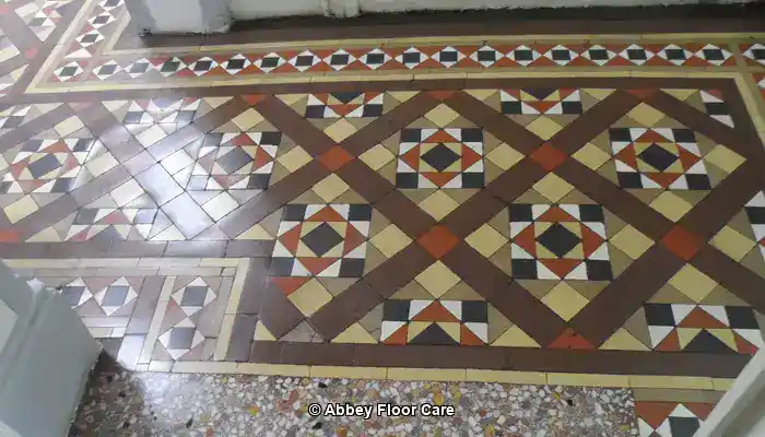 Historic Victorian tile floor in Sheffield after professional restoration and cleaning