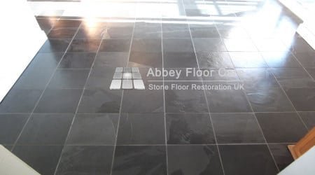 Restored slate floor tiles in Matlock with clean grout and natural colour