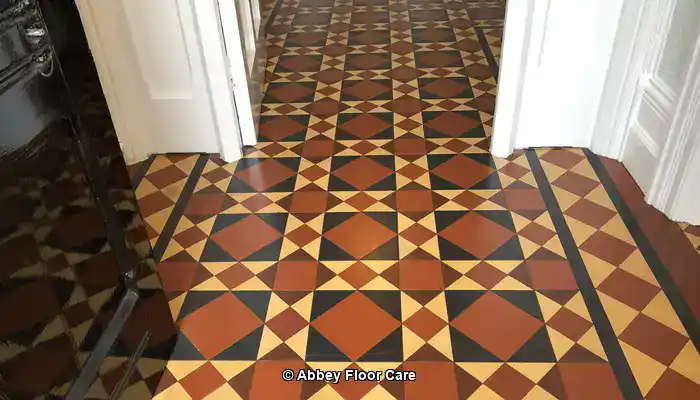 Restored Victorian tile floor in Sheffield with cleaned tiles and renewed colour
