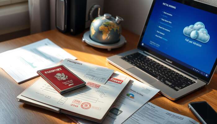 A cluttered desk with an open passport, visa stamps, insurance papers, and a laptop displaying cloud backups in soft morning light.