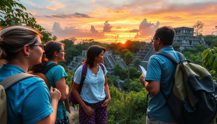 Diverse travelers explore ancient Mayan ruins in lush Belizean jungles, dressed respectfully, consulting a local guide with secured backpacks under a vibrant sunset.