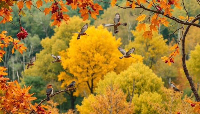 A flock of birds migrates over a colorful autumn forest, some feeding on ripe berries amid falling leaves, others nesting, with birdwatchers observing.
