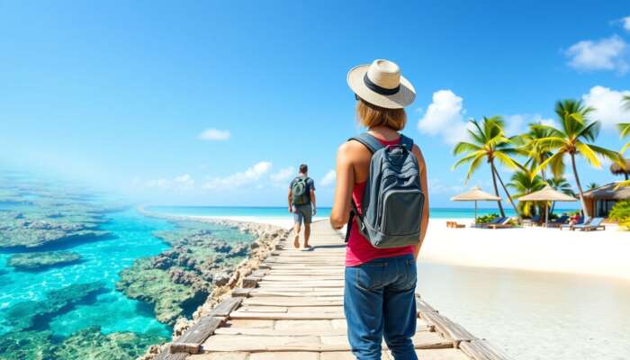 A traveller at a crossroads: one path to scuba diving in turquoise waters with coral reefs, the other to yoga on a sun-kissed beach with palm trees.