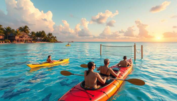 Vibrant all-inclusive resort scene: guests kayaking in turquoise waters, snorkelling coral reefs, playing beach volleyball under palm trees, and enjoying a sunset cultural show.