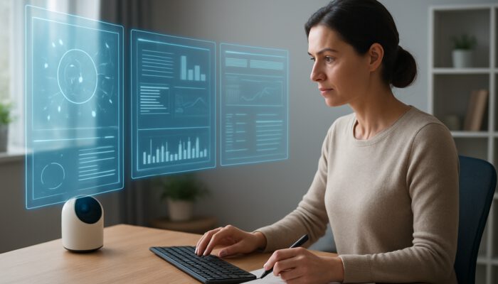 Remote assistant with holographic screens displaying research and editing tools for a focused writer in modern home office.