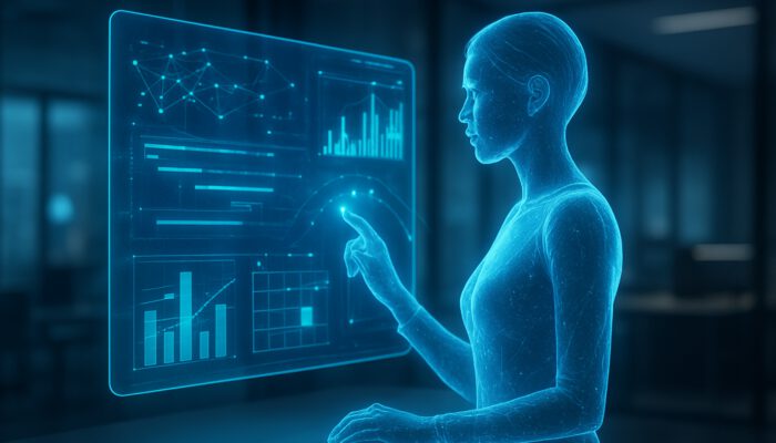 Holographic AI assistant analysing data streams and suggesting optimized schedules in futuristic office.