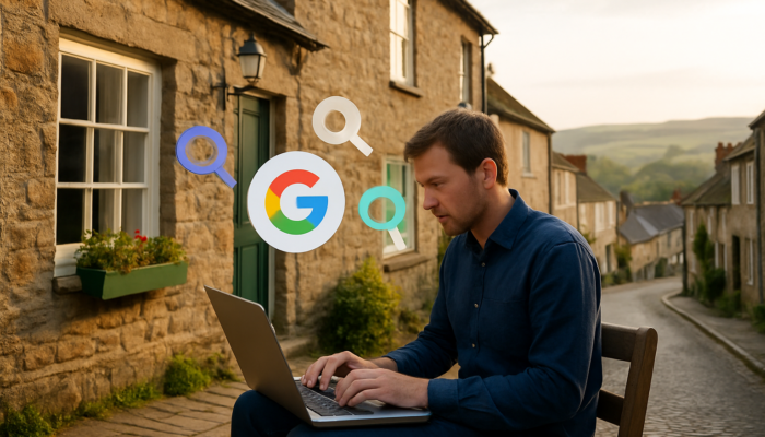 Small business owner researching keywords on laptop in Great Torrington with Google search icons and hills
