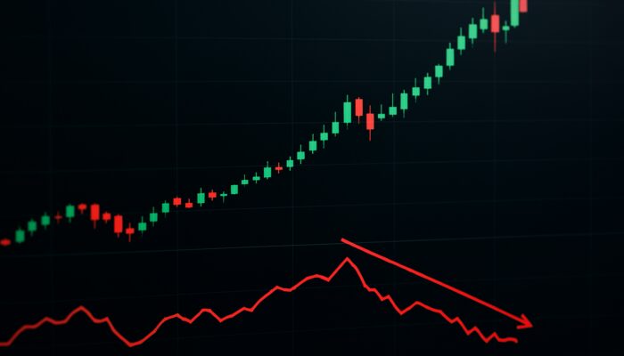 Trading chart with surging candlesticks at new highs, diverging downward Chaikin Money Flow, and red trendlines signalling reversal.