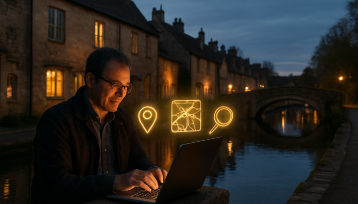 Small business owner typing local keywords on a laptop in Bradford-on-Avon during twilight