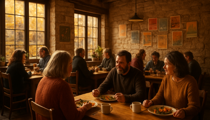 Inviting Bradford-on-Avon café interior with locals enjoying seasonal dishes in autumn light and community posters