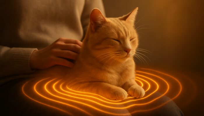 Serene cat purring on patient's lap emitting glowing healing vibration waves for bones and muscles.