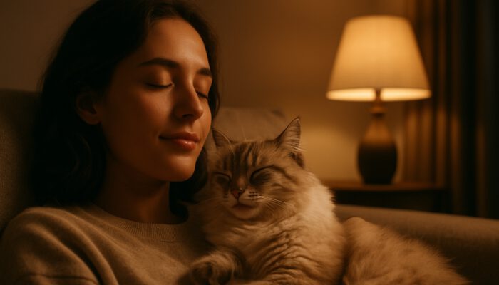 Person relaxing with fluffy cat purring on chest in cozy lamplit room