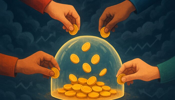 Diverse hands pooling coins into luminous dome shielding marketplace from market volatility storm