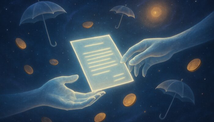 Ethereal hands exchanging luminous insurance policies amid gold coins and protective umbrellas