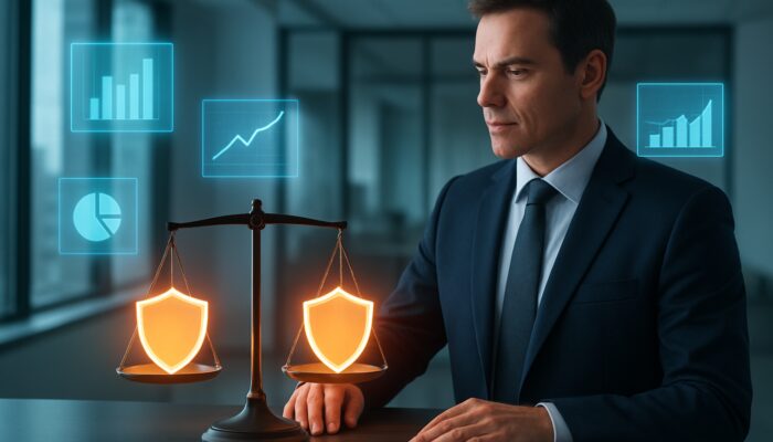 Professional comparing glowing insurance shields on balance scale with coverage and premium charts