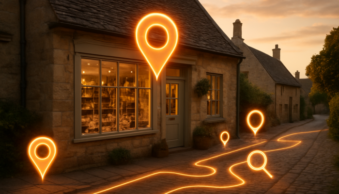 Charming Cotswold storefront in Winchcombe illuminated by map pins and search icons at dusk.