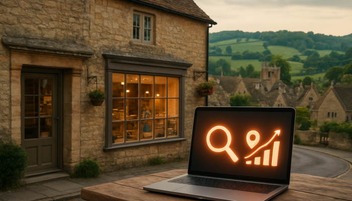 Winchcombe Cotswold store with laptop displaying local SEO rankings, Google Maps pins, and icons