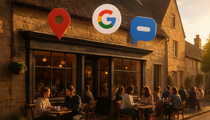 Busy Winchcombe café with customers enjoying golden sunlight and floating Google pin indicating local SEO success.