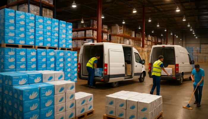 Hucknall warehouse stacked with bulk vinyl glove boxes as delivery vans load supplies under bright lights.