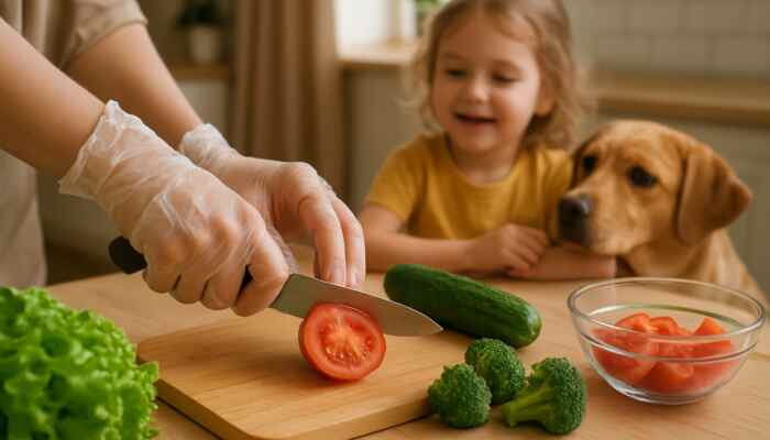 Hands in clear vinyl gloves preparing fresh food in cozy family kitchen with child and pet nearby