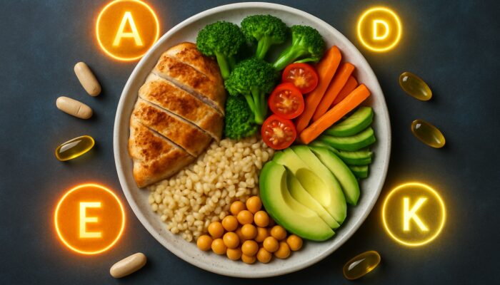 Balanced plate with protein, carb, fat sections beside supplement capsules and vitamin icons