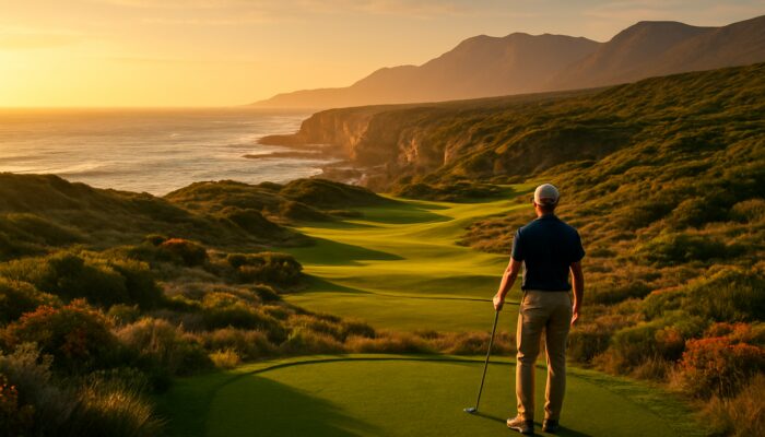 Golfer on Cape Town winelands fairway with ocean cliffs, fynbos and dunes at golden hour