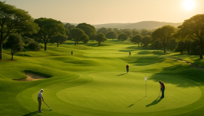 Diverse golfers on serene Pretoria course with emerald fairways under golden African sun