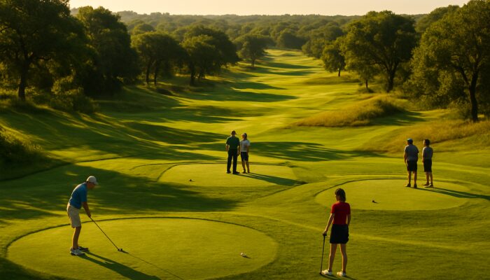 Diverse golfers choosing tee boxes on vibrant Texas course with rolling wooded terrain