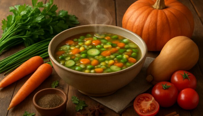 Steaming bowl of colorful homemade soup with fresh seasonal ingredients on rustic table