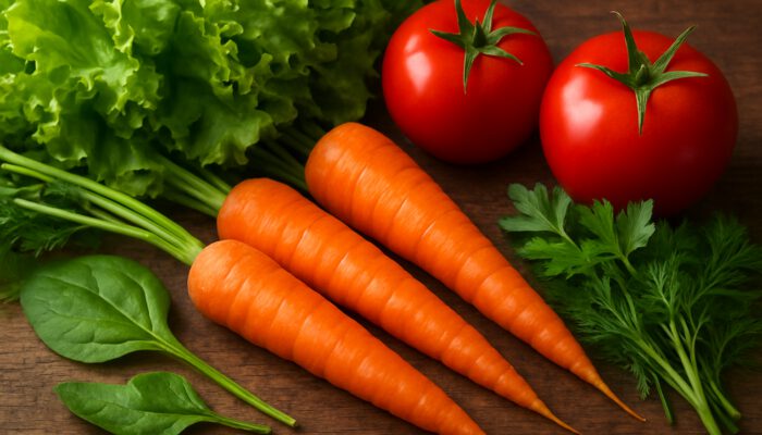 Vibrant close-up of fresh carrots, tomatoes, greens and herbs on rustic wood for soup.