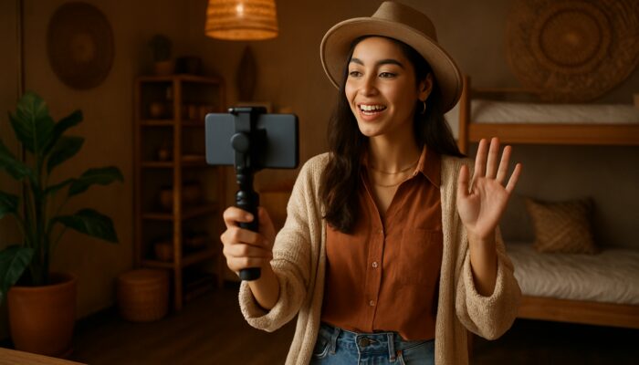 Micro-influencer filming local decor in a cosy boutique hostel via smartphone